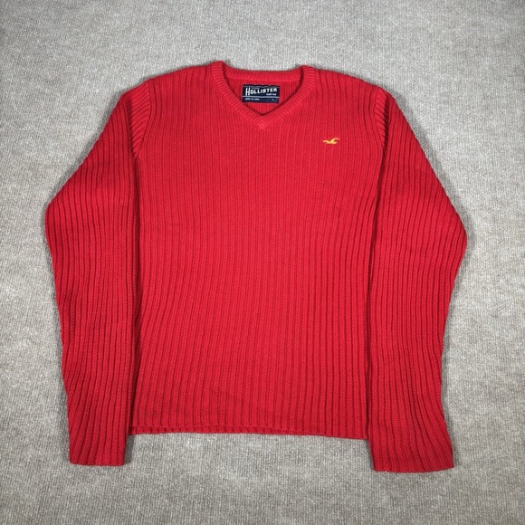 Vintage Hollister Sweater‎ Mens L Pullover Red Knit Surfer Rib V Neck Y2K - Picture 2 of 8